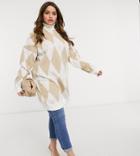 In The Style Plus X Olivia Bowen High Neck Oversized Knit Sweater In Cream Cross Print-multi