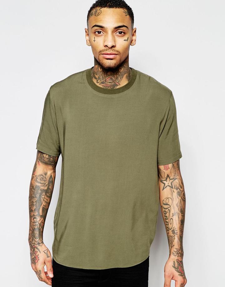 Asos Woven Boxy T-shirt In Khaki With Short Sleeves - Khaki