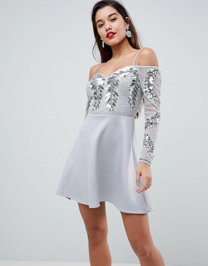 Asos Embellished Cold Shoulder Skater Mini Dress - Silver