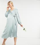 Tfnc Maternity Bridesmaid Satin Long Sleeve Wrap Front Midi Dress In Sage-pink