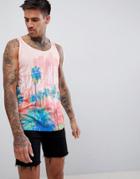 Boohooman Tank With Palm Print In Peach - Pink