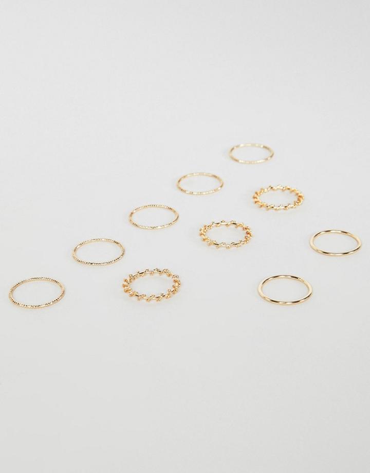 Asos Design Pack Of 10 Rings With Minimal Wire Design In Gold - Gold