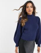 Asos Design Chunky Rib Sweater With Volume Sleeve-navy
