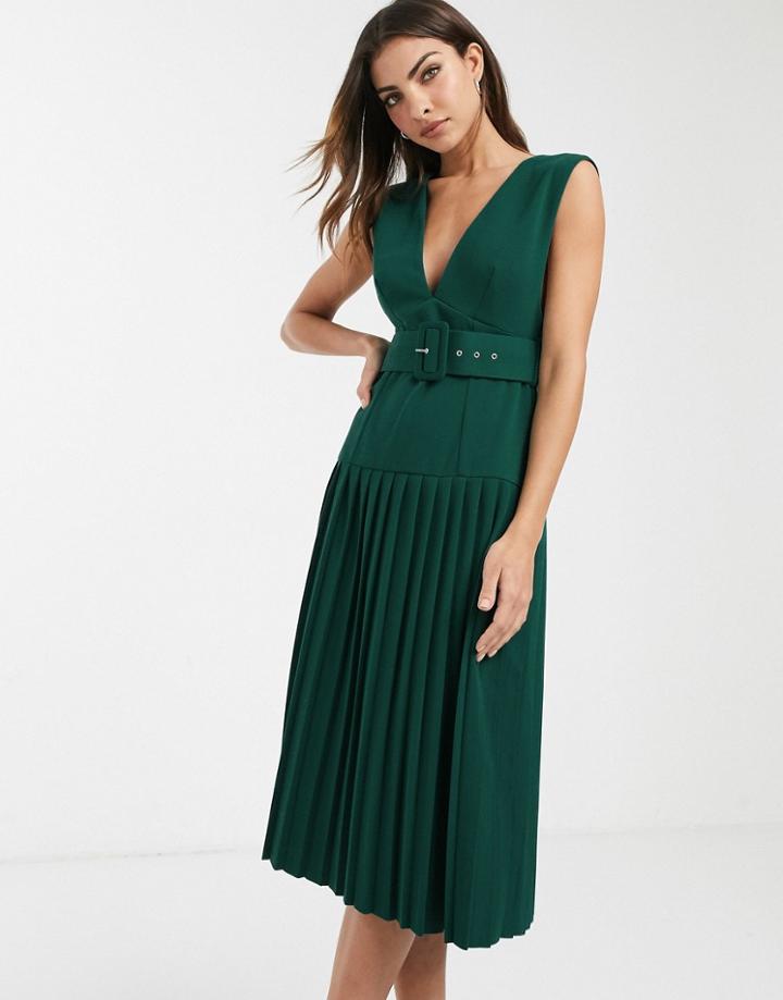 Asos Design Plunge Pleated Midi Dress With Self Belt-multi