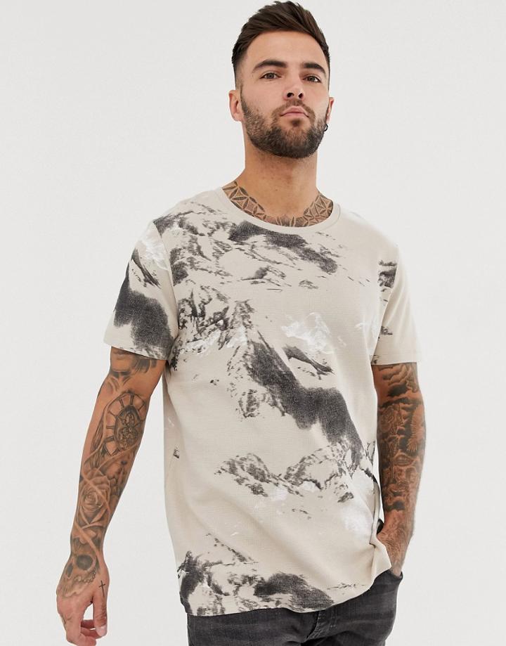 Jack & Jones Core Waffle Printed Oversized T-shirt In Tan