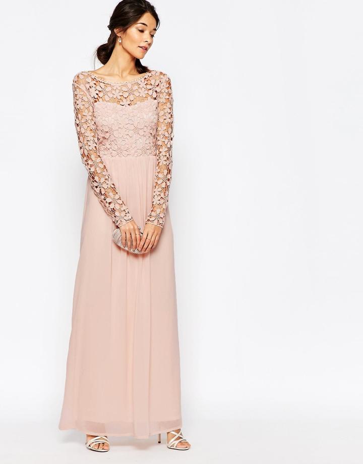 Club L Crochet Maxi Dress With Long Sleeves - Nude Pink