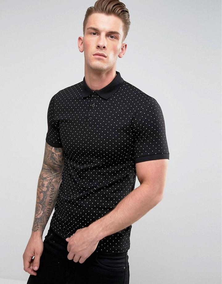 Asos Muscle Polo With Polka Dot Print - Black