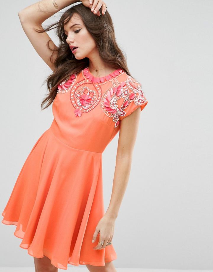 Asos 3d Flower Embellished Skater Mini Dress - Red