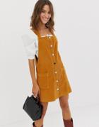 River Island Cord Pinny Dress With Button Through In Mustard-brown