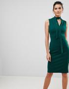 City Goddess Tie Collar V Neck Midi Dress - Green