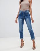 Prettylittlething Mom Jean In Mid Wash Blue - Navy