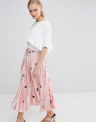 Asos Pleated Satin Midi Skirt In Minimal Print - Multi