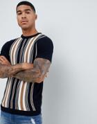 River Island Knitted T-shirt With Stripe Detail In Navy - Navy