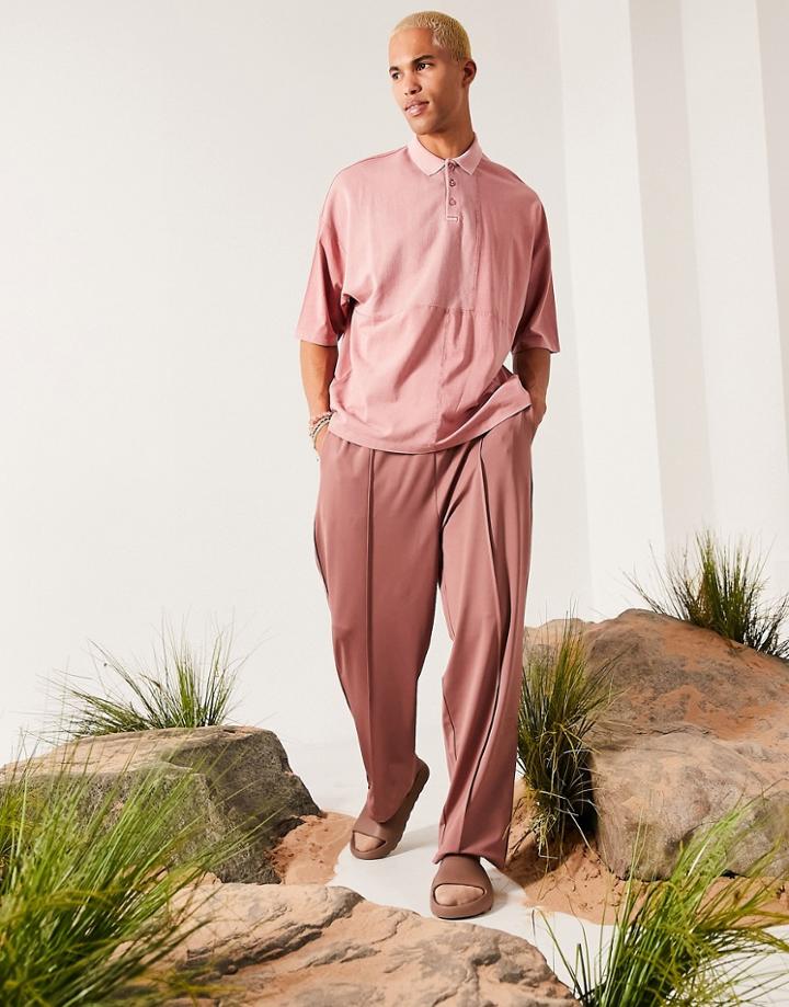 Asos Design Oversized Polo In Washed Pink With Waffle