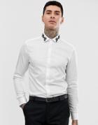 Asos Design Slim Fit Sateen Shirt With Embroidered Collar - White