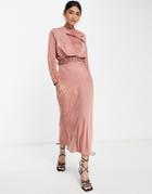 Asos Design Drape High Neck Satin Long Sleeve Midi Dress With Scrunchie Belt In Brown