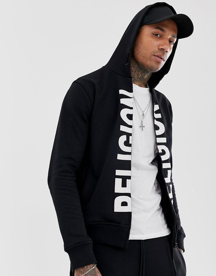 Religion Zip Hoodie With Logo Print In Black - Black