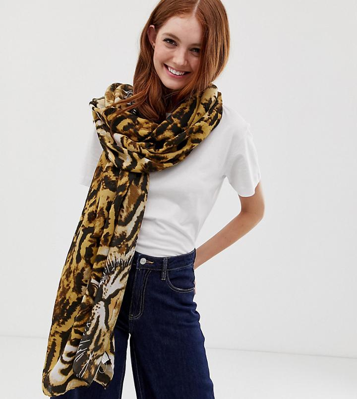 My Accessories London Animal Print Scarf With Tiger Face-multi