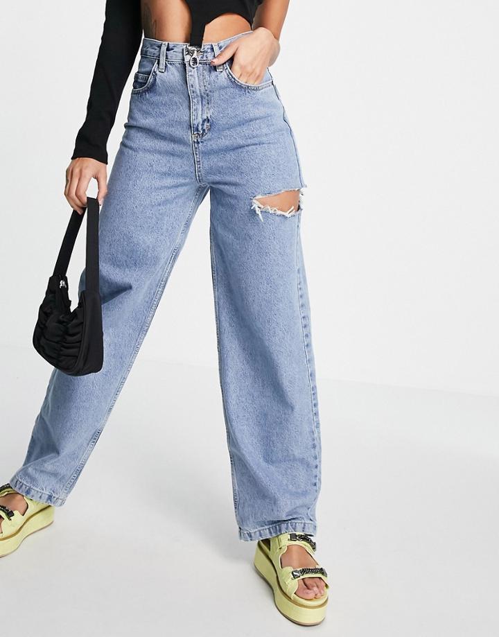 Topshop Baggy Jean With Side Rip In Mid Blue-blues