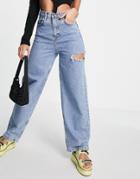 Topshop Baggy Jean With Side Rip In Mid Blue-blues
