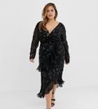 Virgos Lounge Plus Floral Embellished Wrap Front Ruffle Asymmetric Midi Dress In Black-blue