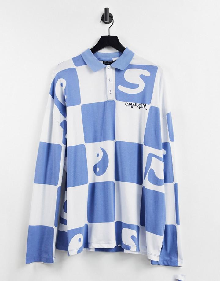 Asos Daysocial Oversized Rugby Shirt With Checkerboard All Over Print And Logo Print In Blue-blues