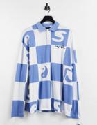Asos Daysocial Oversized Rugby Shirt With Checkerboard All Over Print And Logo Print In Blue-blues