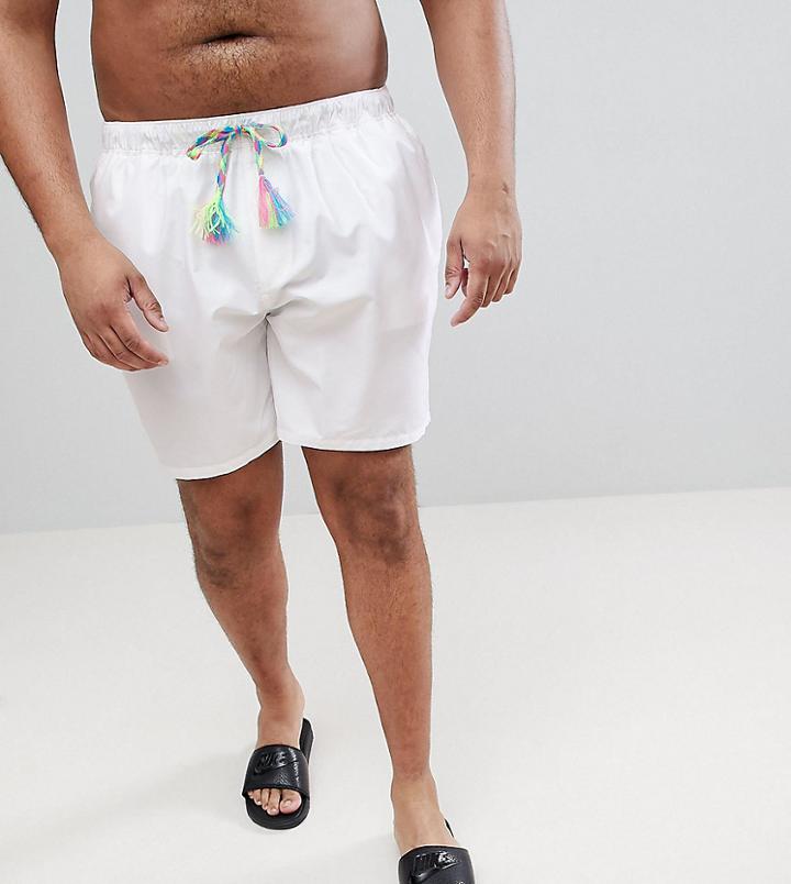 Asos Plus Swim Shorts In White With Multicoloured Drawcord Mid Length - White