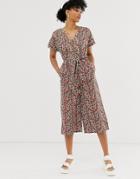 Monki Jumpsuit With Tie Waist And Button Detail In Red Floral Print - Beige