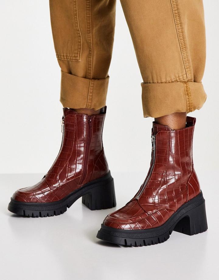 Asos Design Rocky Front Zip Chunky Boots In Brown Croc