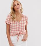 Stradivarius Tie Front Gingham Blouse-red