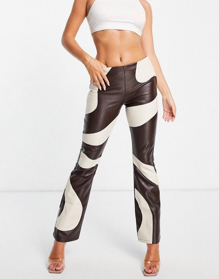 Asos Design Leather Look Contrast Swirly Flare Pant In Chocolate And Cream-brown