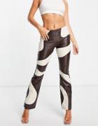 Asos Design Leather Look Contrast Swirly Flare Pant In Chocolate And Cream-brown