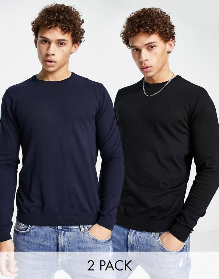 Asos Design 2 Pack Cotton Sweater In Black & Navy-multi