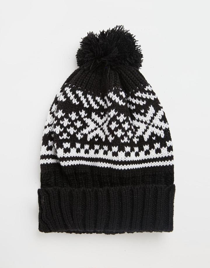 7x Fairisle Bobble Hat - Black