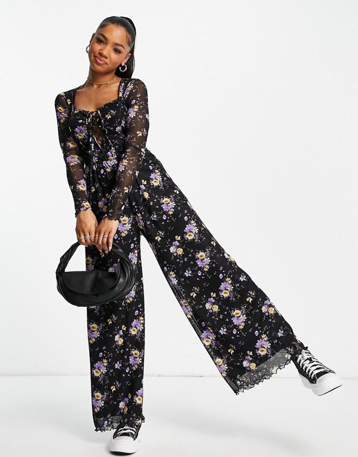 Asos Design Mesh Wide Leg Jumpsuit In Purple Ditsy Print-multi