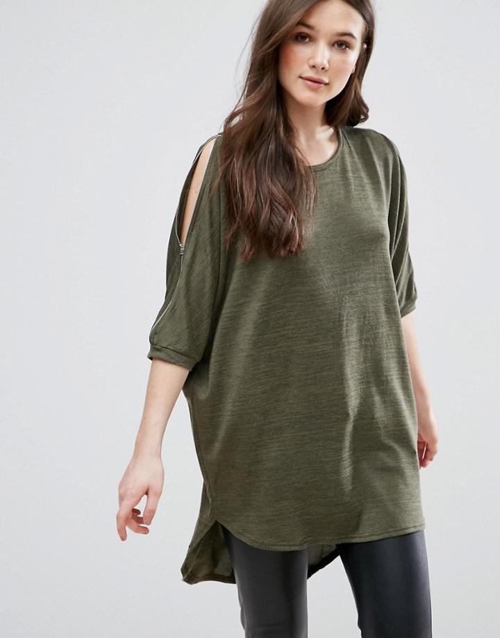Qed London Cold Shoulder Drape Top - Green