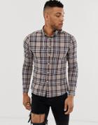 Asos Design Slim Check Shirt In Beige - Brown