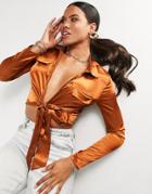 I Saw It First Satin Cropped Shirt In Bronze-brown