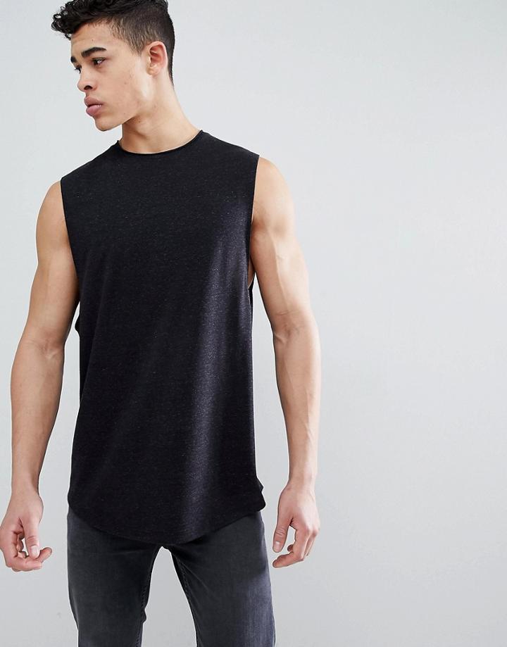 Asos Design Longline Sleeveless T-shirt With Raw Neck And Curved Hem In Linen Mix In Black - Black