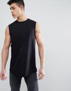 Asos Design Longline Sleeveless T-shirt With Raw Neck And Curved Hem In Linen Mix In Black - Black