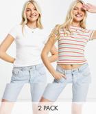 Monki Magdalena Cotton 2 Pack T-shirt In Rainbow Stripe And Plain - Multi