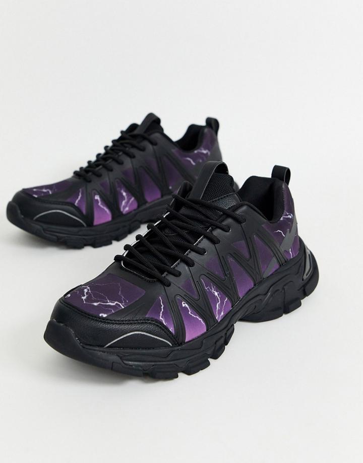 Bershka Chunky Sneaker With Lightening Print And Reflective Details In Multi-black