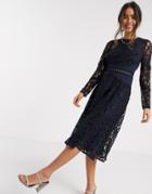 Asos Design Long Sleeve Midi Prom Dress In Lace With Circle Trim Details In Navy