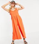 Asos Design Petite Tie Shoulder Smock Jumpsuit In Pop Orange