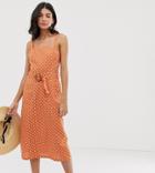 Asos Design Tall Square Neck Linen Midi Sundress With Wooden Buckle In Spot - Multi