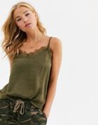 Cotton: On Ariel Satin Cami Top With Lace Trim-green