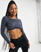 South Beach Yoga Twist Front Long Sleeve Crop Top In Gray-grey