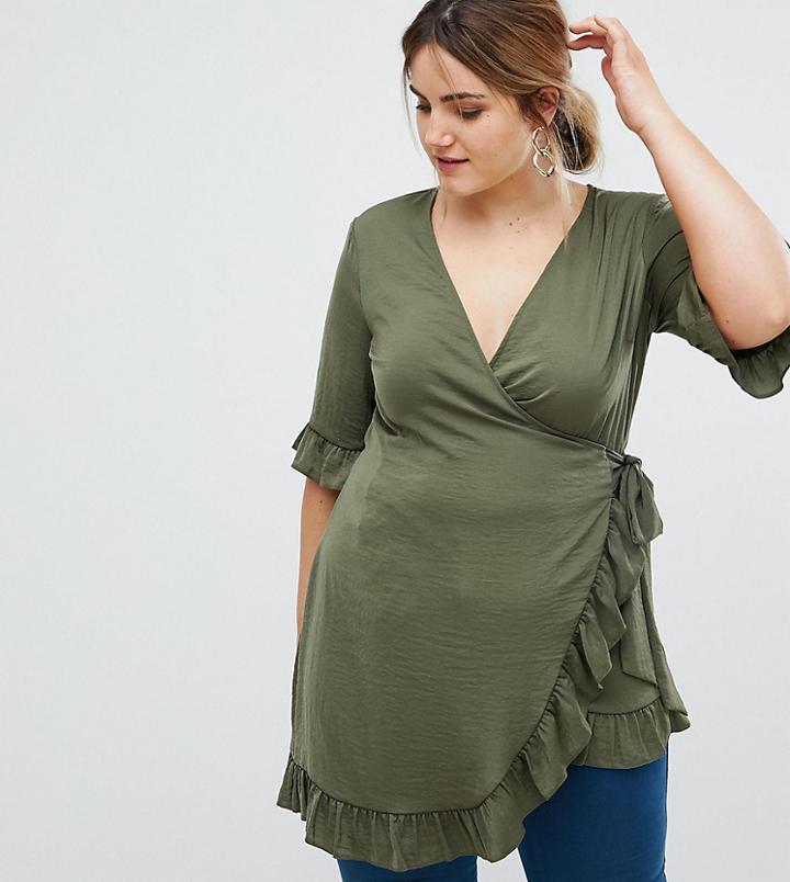 Asos Curve Longline Wrap Top With Ruffle - Green