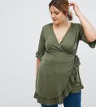 Asos Curve Longline Wrap Top With Ruffle - Green